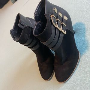 Sam & Libby Black Velvet Heeled Ankle Boots w/ Gold Buckles | Size 7